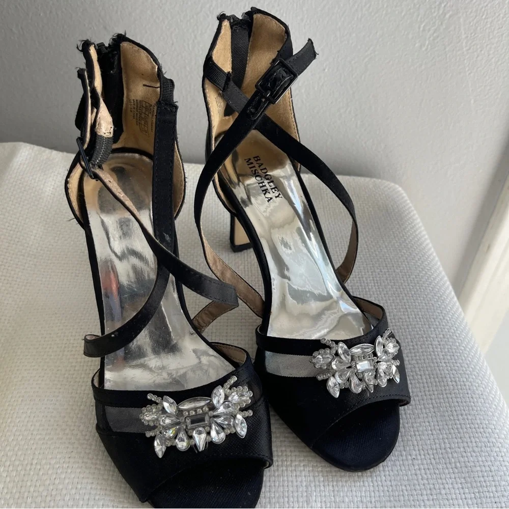 Badgley Mischka Black Strappy Heels with Crystal Accents - Picture 4 of 9